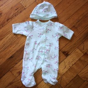 Preemie baby girl soft green pajama hat set